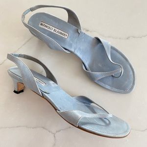 Vintage 90’s Manolo Blahnik sling back baby blue kitten heels size 7.5
